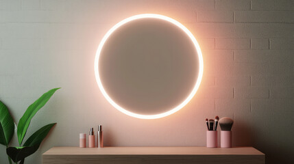 modern round mirror with soft lighting, placed above wooden vanity. scene includes makeup brushes and cosmetics pink containers, complemented by green plant, creating stylish and organized space