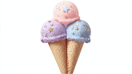 Ice cream cone with three scoops in pastel colors and glitter stars, birthday dessert, transparent background