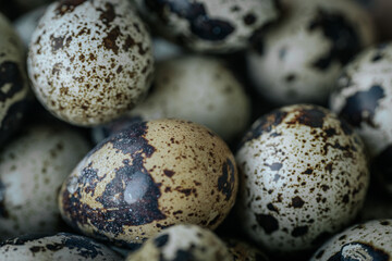 Obraz premium A close-up of quail eggs with various mottled patterns and natural textures, tightly arranged and illuminated with soft, diffused lighting.