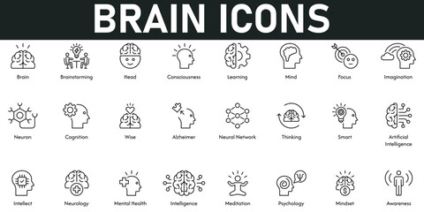 Brain Icons vector illustration with thin line editable stroke contains brainstorming, head, learning, mind, focus, mindset, psychology, meditation, neurology, imagination, cognition, thinking, neuron