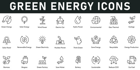 Green Energy Icons vector illustration with thin line editable stroke contain solar energy, wind power, hydropower, environment, eco fuel, sustainable, biomass, energy production, save energy, ecology