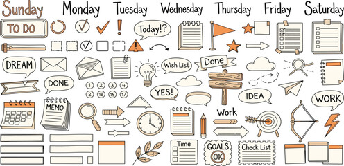 Bullet journal hand drawn element set, sticker, planner label. Doodle sketch scribble style. Bullet journal vector illustration for diary decoration