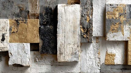  A close-up of a wooden panel adorned with a gold and grey gradient overlaid with black and white squares