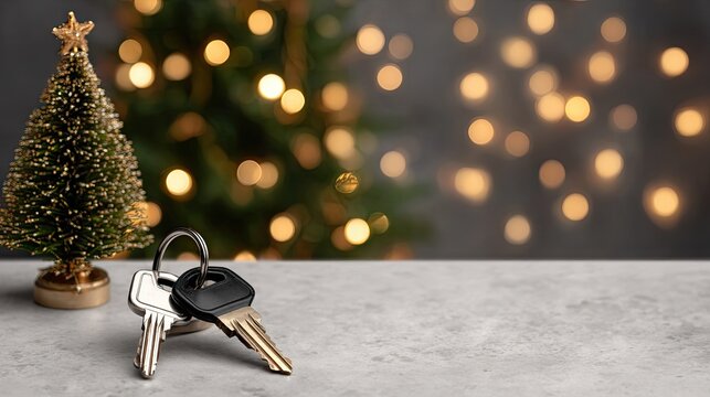 A white house model is placed on the table with keys beside it, accented by yellow Christmas ornaments and garland lights in a festive setting ideal for showcasing real estate.