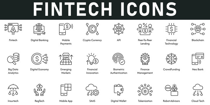 Fintech Icons vector illustration with thin line editable stroke contain digital banking, mobile payments, cloud tech, robotics, digital wallet, SAAS, app, neobank, crowdfunding, financial innovation