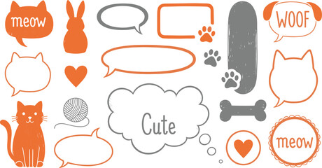 Cat dog pet frame, speech bubble cute set. Hand drawn sketch doodle line style animal pet frame design. Cat, dog paw cute talk speech bubble design.