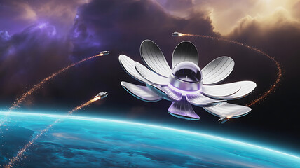 Abstract fantasy landscape with butterflies and blooming flowers in vibrant spring colors