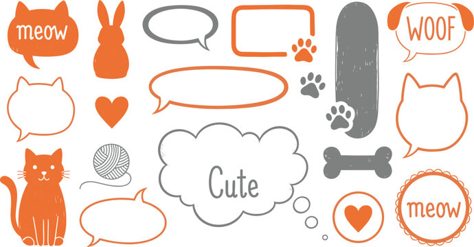 Cat dog pet frame, speech bubble cute set. Hand drawn sketch doodle line style animal pet frame design. Cat, dog paw cute talk speech bubble design.