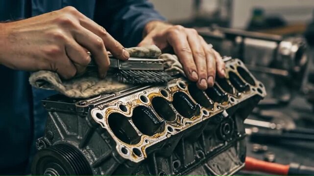 Mechanic cleaning engine block with brush workshop setting