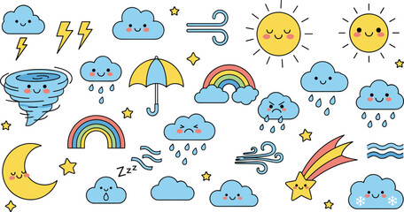 Cloud rain weather cartoon cute set. Cloud, sun, moon weather character with smile and angry face. Hand drawn doodle sketch style.