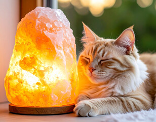 Relaxed Cat with Himalayan Salt Lamp