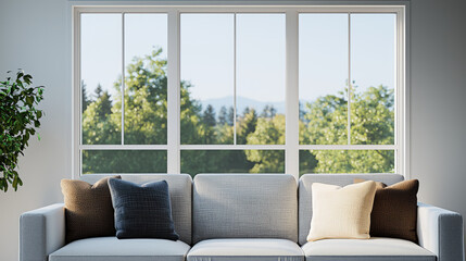 modern living room features cozy sofa with decorative cushions, framed by large windows that offer view of lush greenery and distant mountains. natural light creates warm ambiance
