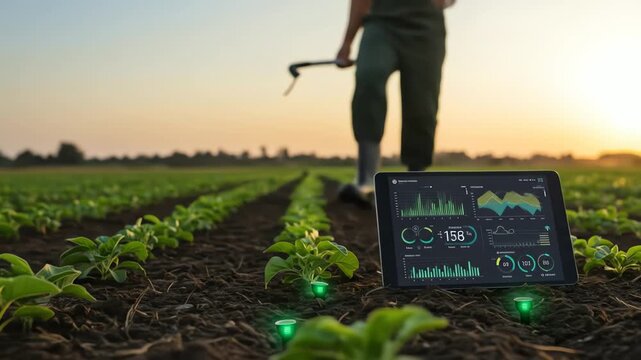 A tablet displays crop data in a field of green plants under a sunset with a farmer in the background