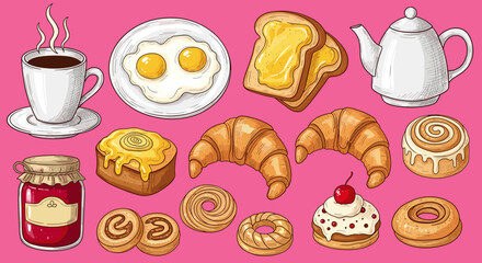 Breakfast food items on pink background with coffee and pastries  
