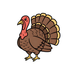 Cartoon turkey with colorful feathers standing on a white background  Fowl poultry barn-door fowl hen birds for farm breeding isolate Hand-drawn flat vector-style 
