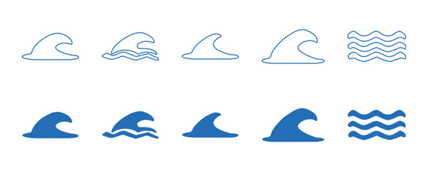 Naklejka premium Blue wave icons showcase ocean water in various stylized shapes and line art