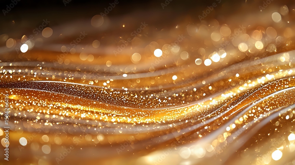 Poster luxurious golden waves with sparkling glitter effect and bokeh lights on dark background create eleg