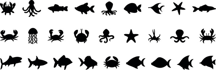 Marine life silhouettes showcase a collection of sea creatures in vector format