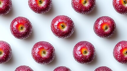 Fresh red apples with water drops arranged in neat rows on pure white background, top view. Clean minimal food photography for healthy eating concept.