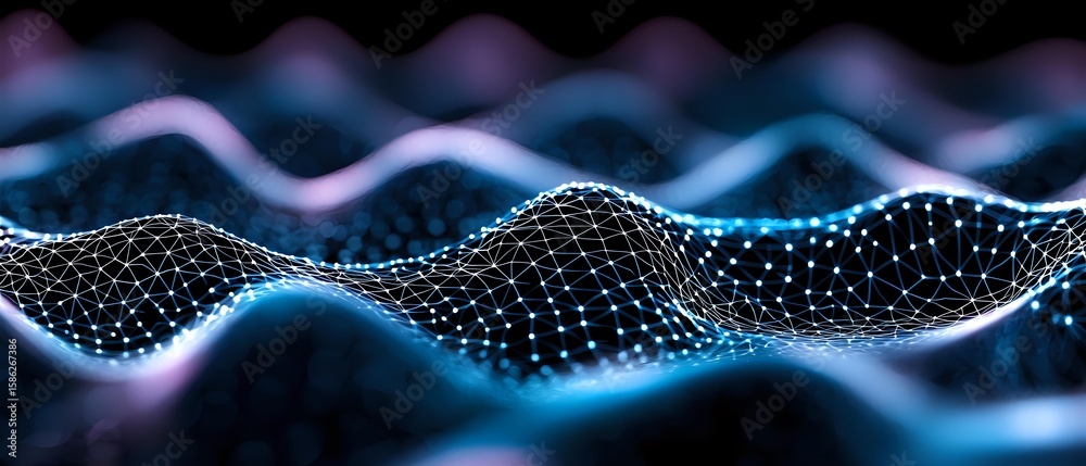 Poster abstract digital wave visualization with connected dots and lines forming undulating surface in blue