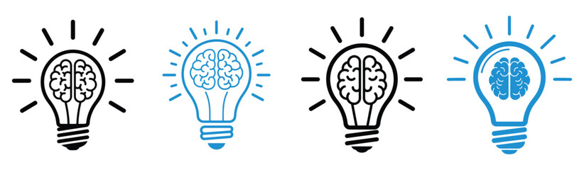 Brainstorming Idea Icon Set – Creative Light Bulb with Brain Vector for Innovation and Thinking