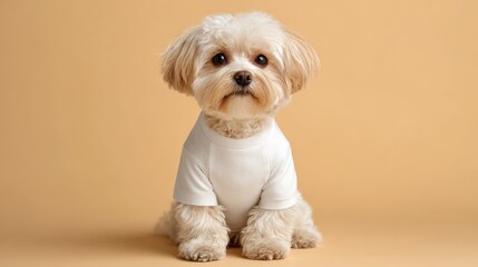 Dog wearing blank white shirt sitting calmly on beige background for pet apparel mockup