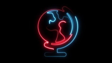 Glowing neon globe icon with blue and red light lines on black background representing global connection technology - Powered by Adobe
