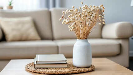 A warm and inviting living room features a stylish vase filled with dried flowers and stacked books on a rustic table - Powered by Adobe