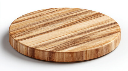 A round wooden cutting board with light and dark grain patterns on a white background in studio lighting