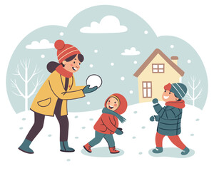Fototapeta premium Winter Family Snowball Fight Visual | Cold Weather Fun Activity