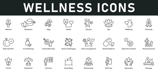 Wellness Icons vector illustration with thin line editable stroke contains relaxation, yoga, health, spa, wellbeing, gratitude, achievable goal, herbal medicine, personal growth, meditation, nutrition