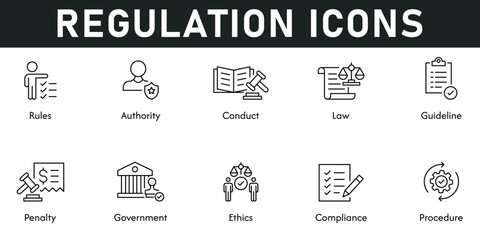Regulation Icons vector illustration with thin line editable stroke contains rules, authority, procedure, compliance, ethics, government, penalty, guideline, law, conduct
