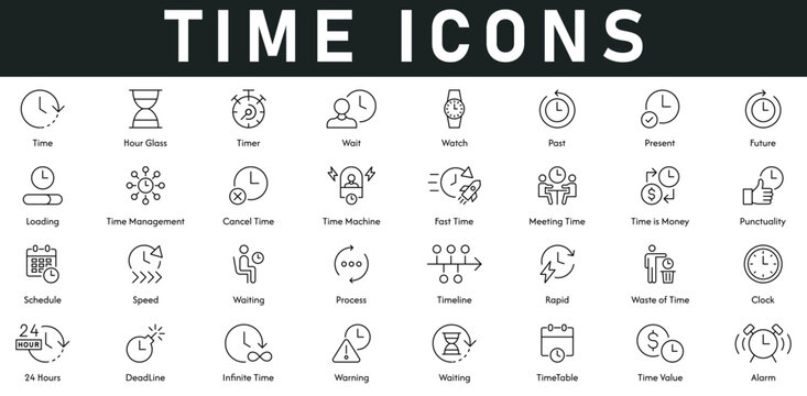 Time Icons vector illustration with thin line editable stroke contains hourglass, timer, wait, watch, time management, time machine, fast time, meeting time, time is money, schedule, deadline, 24 hour