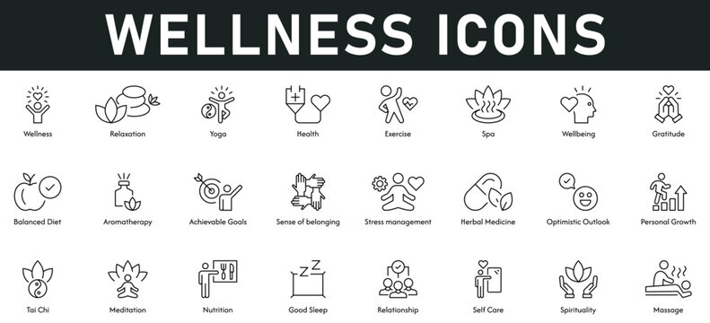 Wellness Icons vector illustration with thin line editable stroke contains relaxation, yoga, health, spa, wellbeing, gratitude, achievable goal, herbal medicine, personal growth, meditation, nutrition