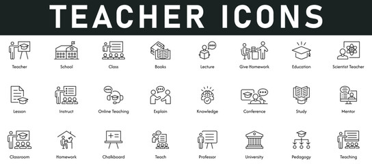 Teacher Icons vector illustration with thin line editable stroke contain school, class, books, lecture, education, lesson, online teacher, knowledge, study, mentor, teaching, teach, home work, explain