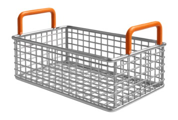 Welded wire basket with a powder-coated finish and integral handles for a machine shop.