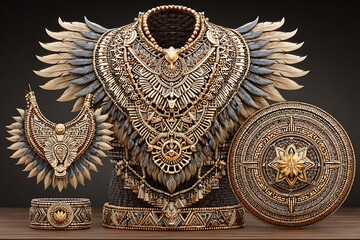 Ethnic battle costume with traditional shield high resolution picture