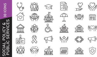 Social policy and public services icon set – outline style for health, rights, and care design