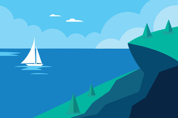 A stylized illustration of a sailboat on a placid ocean, with a cliffside landscape in the foreground.