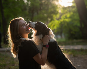 Young Caucasian woman hugging her border collie dog while walking in the park.