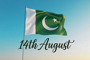 Pakistan Independence Day:  Flag waving proudly against a vibrant blue sky, 14th August.
