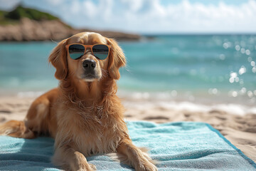 golden retriever wearing sunglasses sitting on beach background for summer