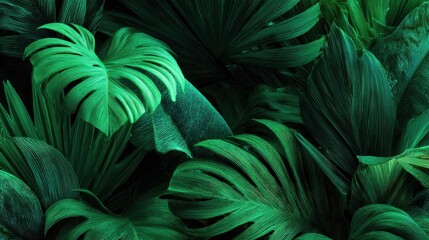 A backdrop of tropical plants in full green, in the style of moody monotones. Generative AI.