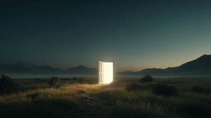 Light shining trough open door in field landscape at night, concept of new goals and progress.