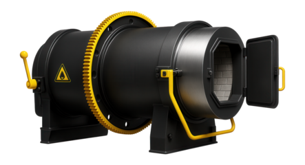 Rotary kiln incinerator with refractory lining and a rotating drum for waste management in an industrial facility.