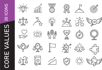 Core values outline icon set &ndash; minimal black line symbols for success, growth, and mindset