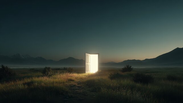 Light shining trough open door in field landscape at night, concept of new goals and progress.