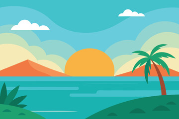Obraz premium Tropical Beach Sunset Vector Illustration: Palm Tree, Ocean View, Orange Sun, Clouds, Island Landscape, Flat Design Vacation Scene