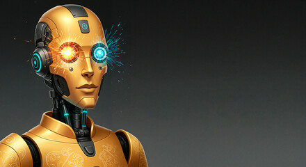 Friendly robot on a dark background with space for text. High tech, innovation, support service 