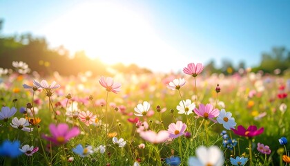 Obraz premium Colorful cosmos flowers in a sunny meadow